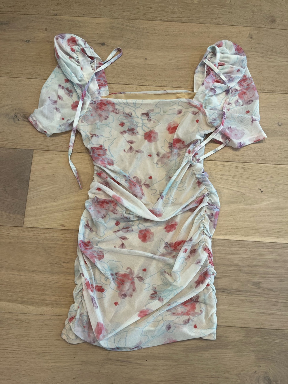 Floral Sheer Tie-Shoulder - Pink & Blue Floral mini dress